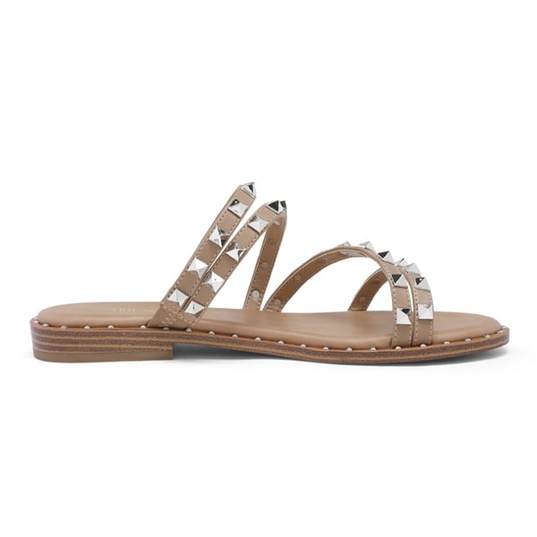 Clear Studded Rhinestone Flat Sandals - NUDE PU RIVET - 2